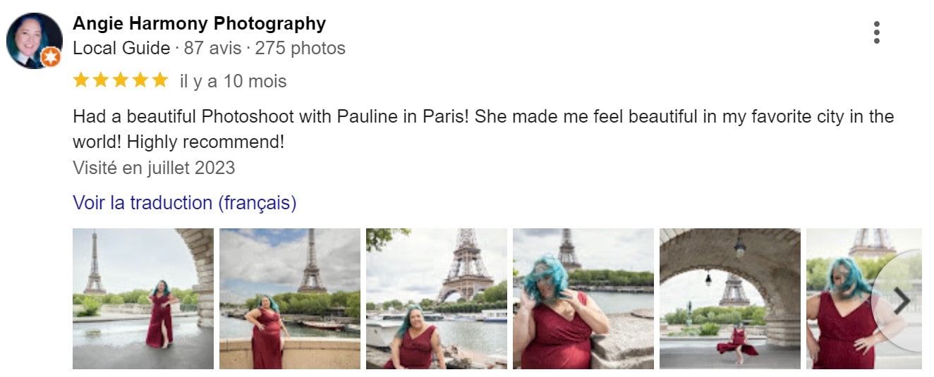 Had a beautiful Photoshoot with Pauline in Paris! She made me feel beautiful in my favorite city in the world! Highly recommend!